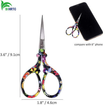 BIHRTC 3.6 Inch Embroidery Scissors - Sharp Stainless Steel Pointed Scissors for Cross Stitch, Sewing, Craft & DIY - Black Flower Design