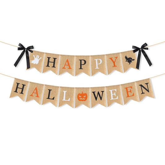 Highly Recommended Happy Halloween Burlap Banner - Multicolored Design Pumpkin Witch Halloween Party Decorations White Black Orange