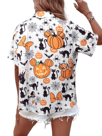 Womens Halloween Hawaiian Shirt Cute Pumpkin Spooky Castle Graphic Tee Magical Halloween Short Sleeve Button Up Tops