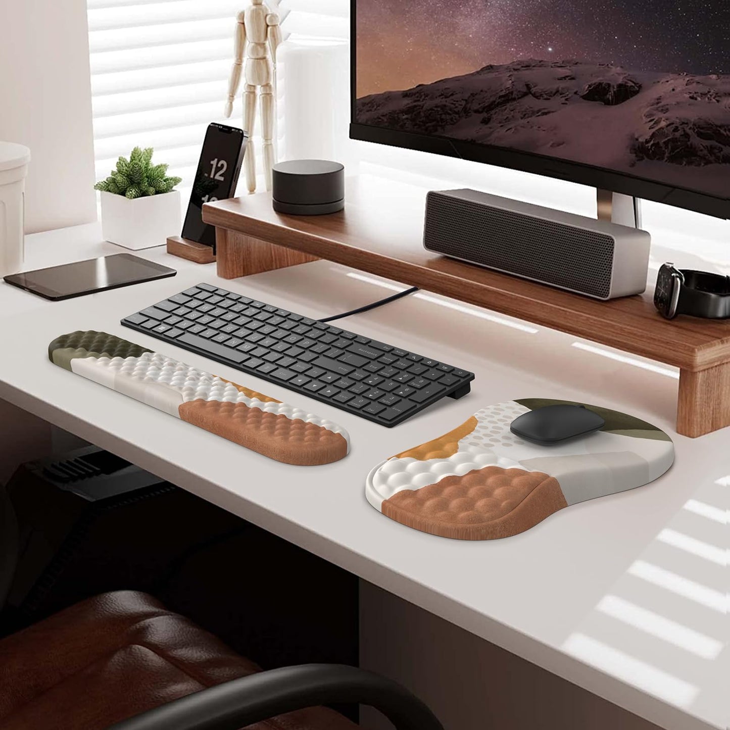 HAOCOO Ergonomic Mouse Pad with Wrist Rest and Keyboard Wrist Rest, 3 PCS Computer Carpal Tunnel Mouse Pads for Desk with Coaster Set, Memory Foam Keyboard Wrist Support for Laptop Office, Boho Beige