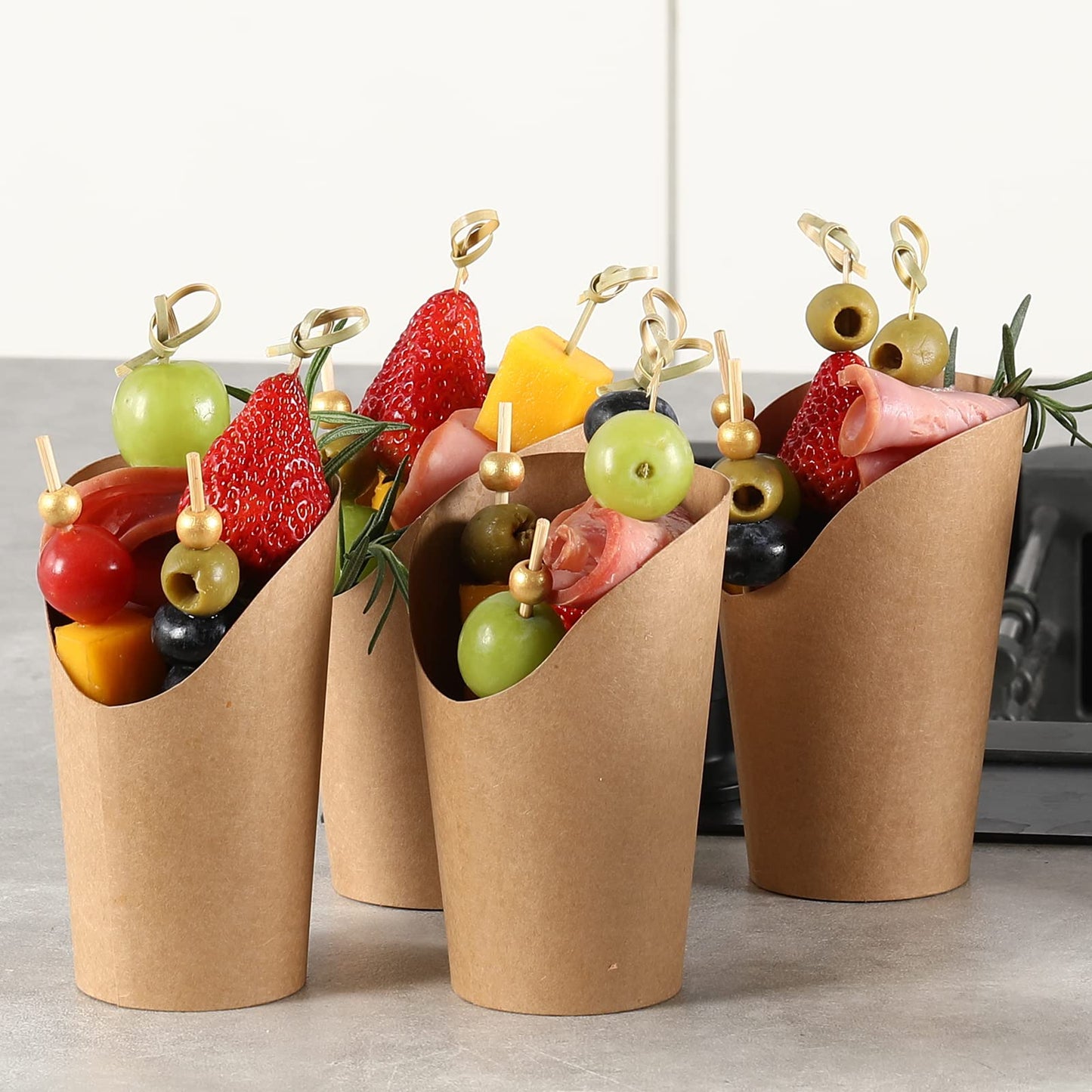 50 Charcuterie Cups with Sticks + 200 Cocktail Picks + 50 Labels, Disposable French Fry Holder with Bamboo Skewers Toothpicks, 12 oz Brown Kraft Paper Appetizer Cups Charcuterie Boards Accessories