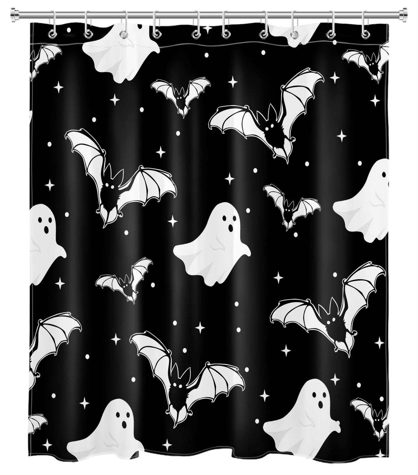 HVEST Halloween Ghost Shower Curtain with Hooks,Spooky White Ghost Bat Stars on Black Shower Curtain for Bathroom Decor Black and White Gothic Shower Curtain Set Halloween Decorations,72L x 60W inches