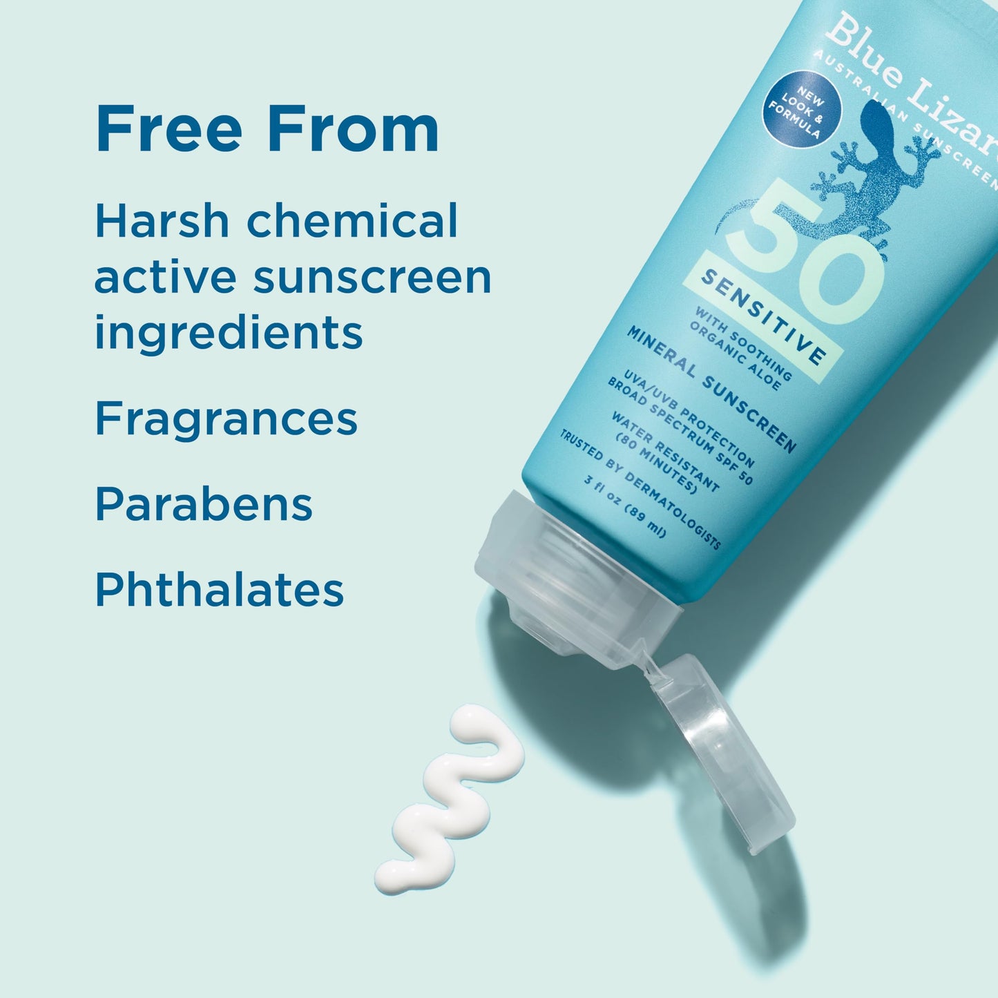 Blue Lizard SENSITIVE Mineral Sunscreen with Zinc Oxide, SPF 50+, Water Resistant, UVA/UVB Protection with Smart Cap Technology - Fragrance Free, 3 oz. Tube