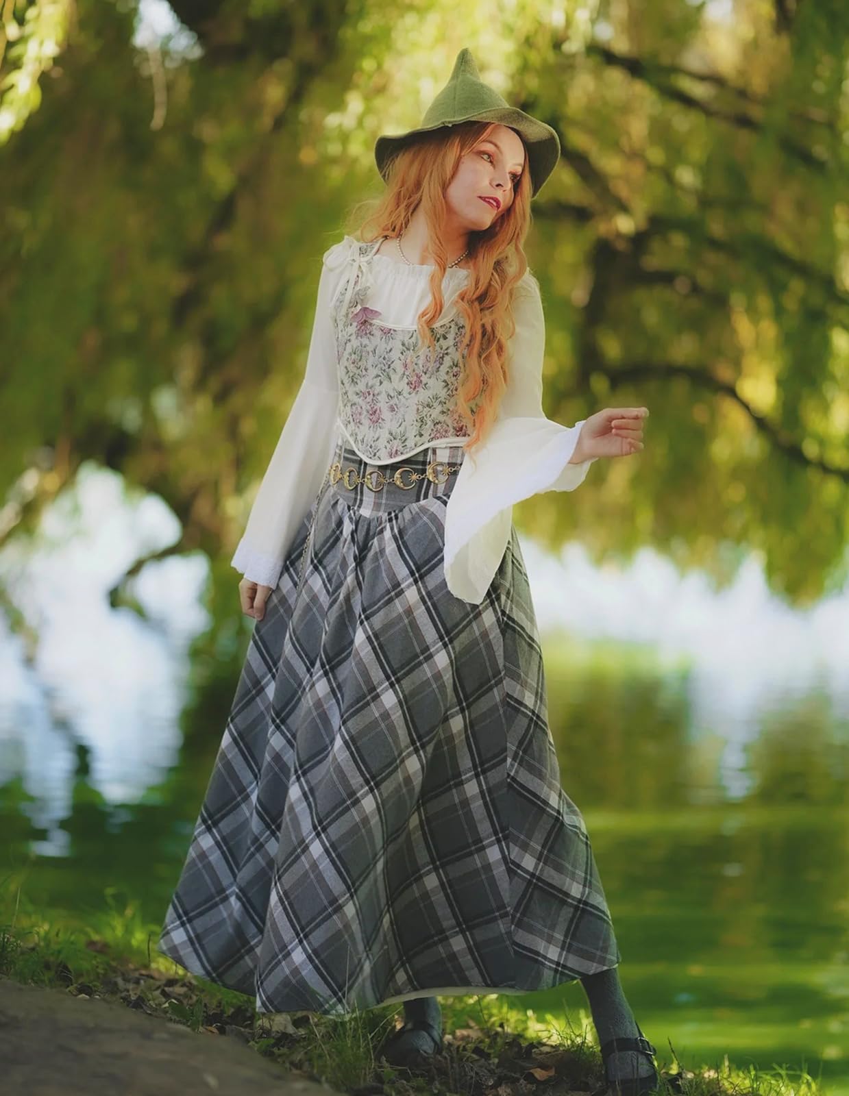 Women Plaid Skirt High Waisted Victorian Vintage Maxi Skirts for Halloween Grey L