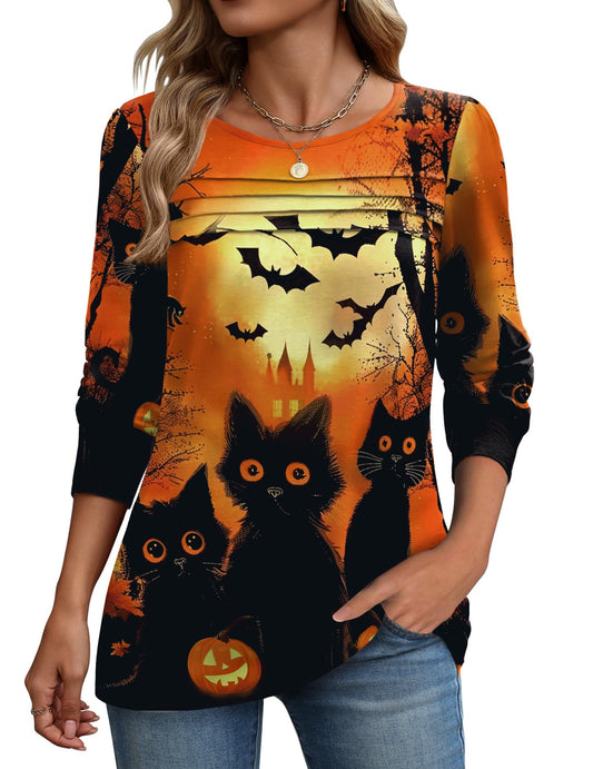Zeagoo Womens Halloween Clothes Fall Long Sleeve Shirts Orange Cat Graphic Crewneck Casual Funny Tops Ladies Blouses