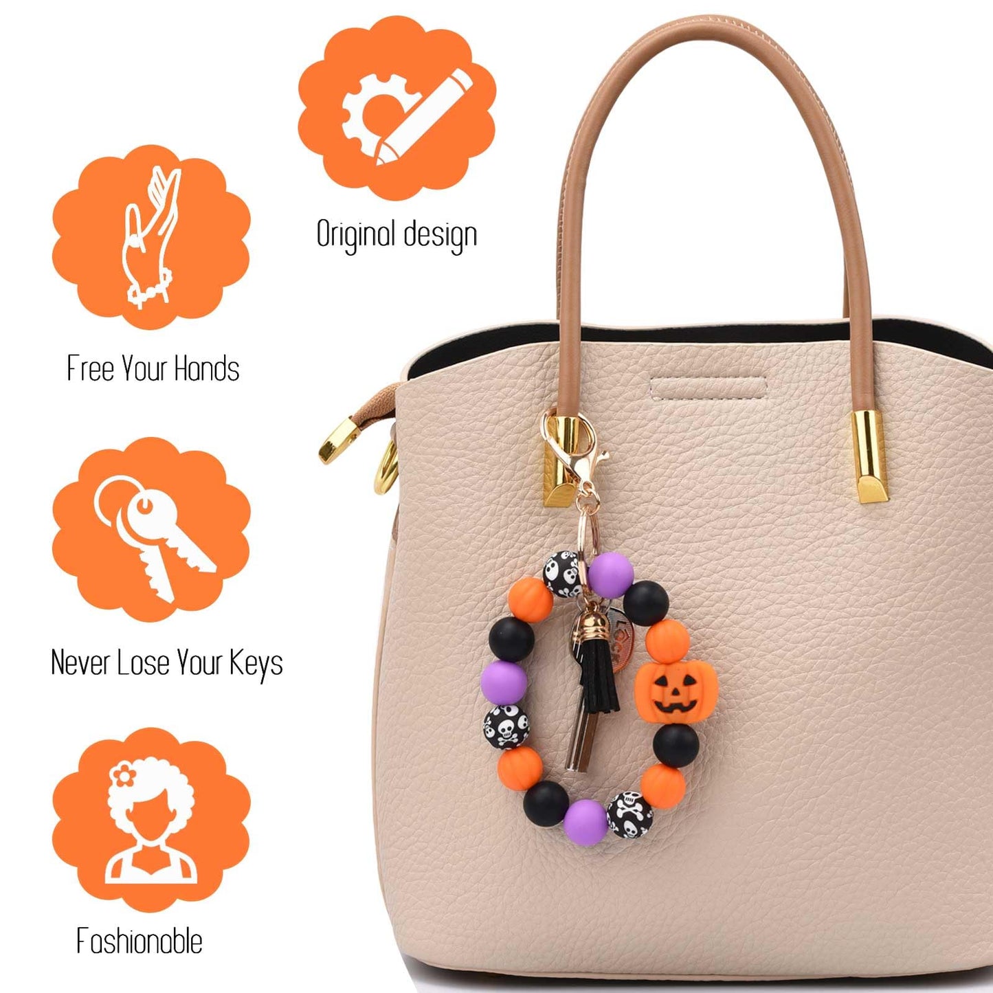 BAOSIWA Silicone Beaded Keychain Wristlet Key Ring Bracelet Halloween Pumpkin Car Key Chain Holder Gifts for Women Girls