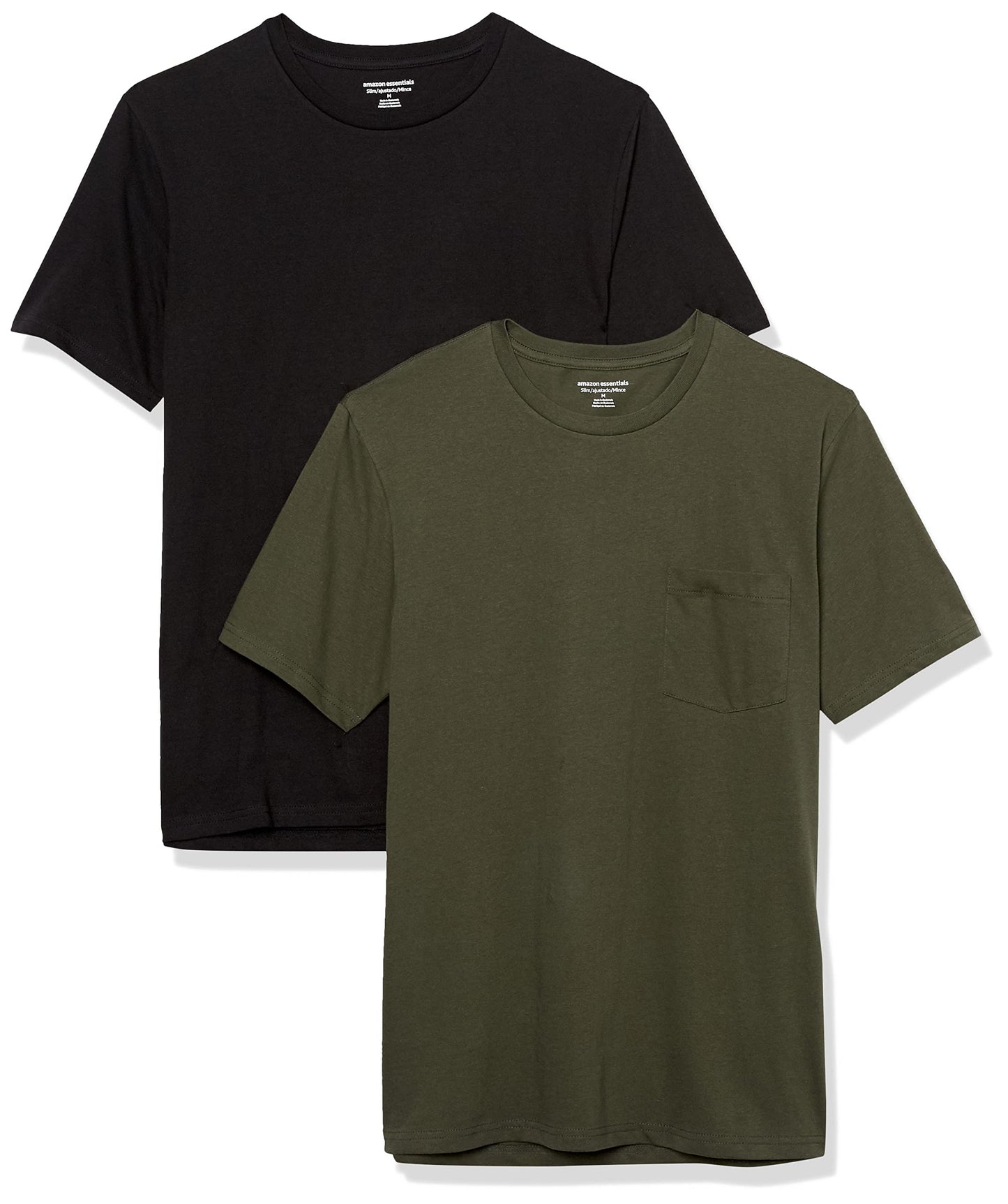 Amazon Essentials Men's T-Shirts, Short-Sleeve Crewneck Pocket, Cotton, 2-Pack, Medium, Black/Olive