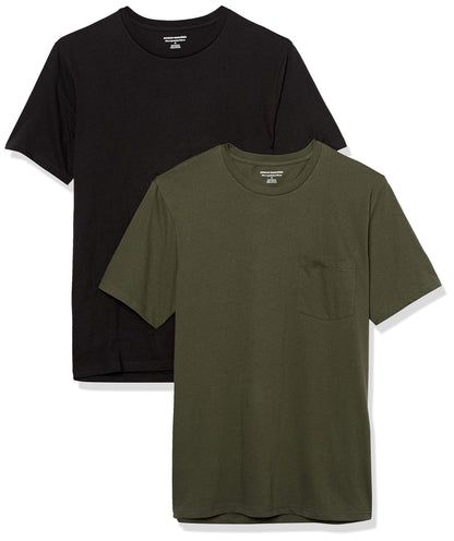 Amazon Essentials Men's T-Shirts, Short-Sleeve Crewneck Pocket, Cotton, 2-Pack, Medium, Black/Olive