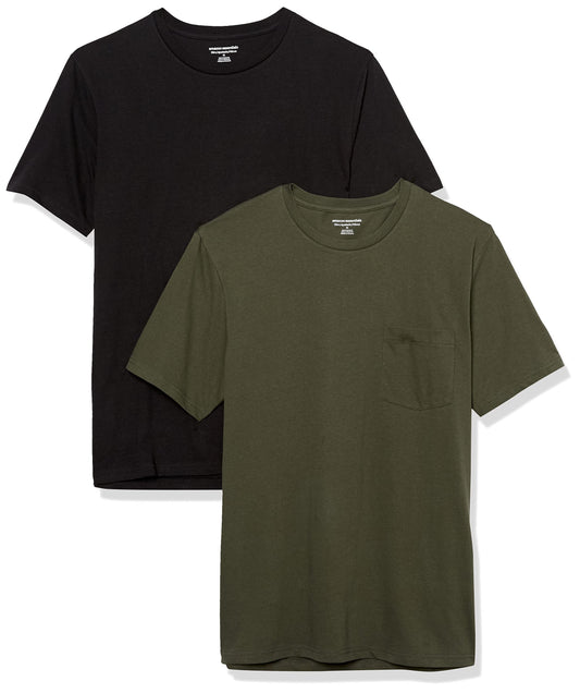 Amazon Essentials Men's T-Shirts, Short-Sleeve Crewneck Pocket, Cotton, 2-Pack, Medium, Black/Olive
