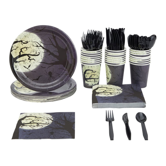BLUE PANDA 144 Piece Halloween Dinnerware Set, Full Moon Night Sky Halloween Party Plates and Cups and Napkins Set for Spooky Gatherings and Witch Theme Parties (Serves 24)