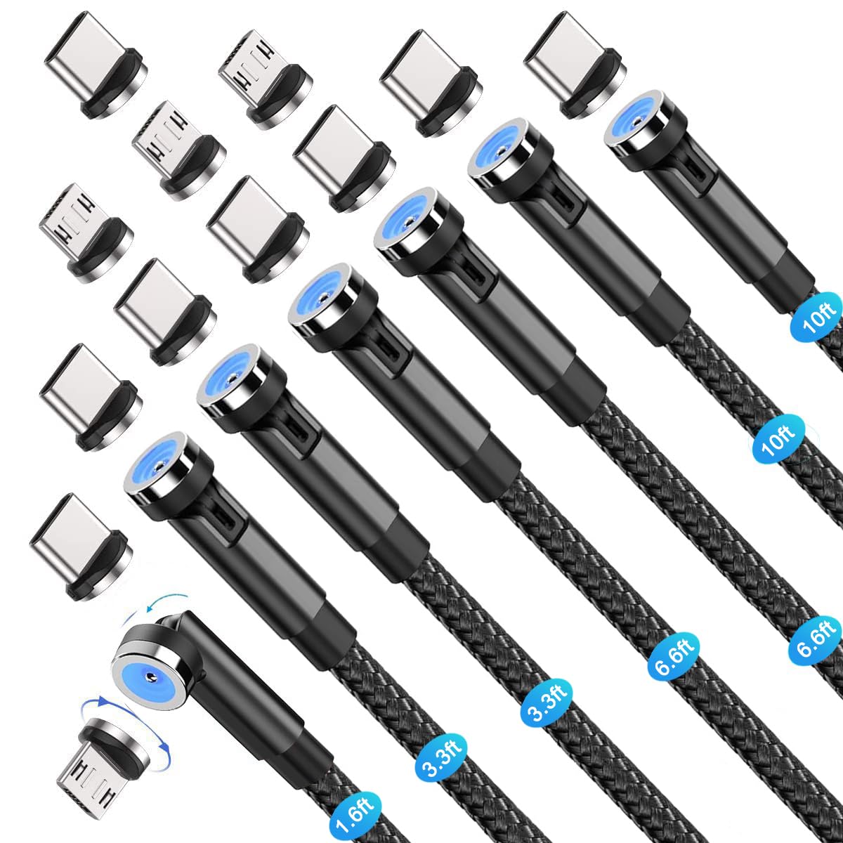 Bojianxin 540° Rotation 3 in 1 Magnetic Charging Cable (7-Pack, 1.6ft/3.3ft/6.6ft/6.6ft/10ft/10ft, Magnet Phone Charger Compatible with Micro USB, Type C Device, black, (NEW-7PACK)