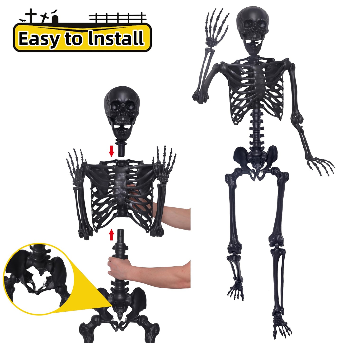 5.4Ft Halloween Skeleton,Posable Skeleton Full Size Skeleton with Movable Joints and 2PC Black Feathered Crows for Halloween Decorations Outside and Inside