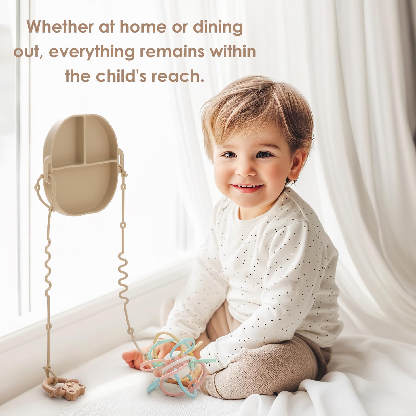 Andy Bear Silicone Plates for Babies with Suction Divided Baby Spoons Silicone Baby Toy Straps All-in-one Plates Silicone Placemat for Babies Toddlers Attachable Tethers & Built-in Suction Cups-Sage