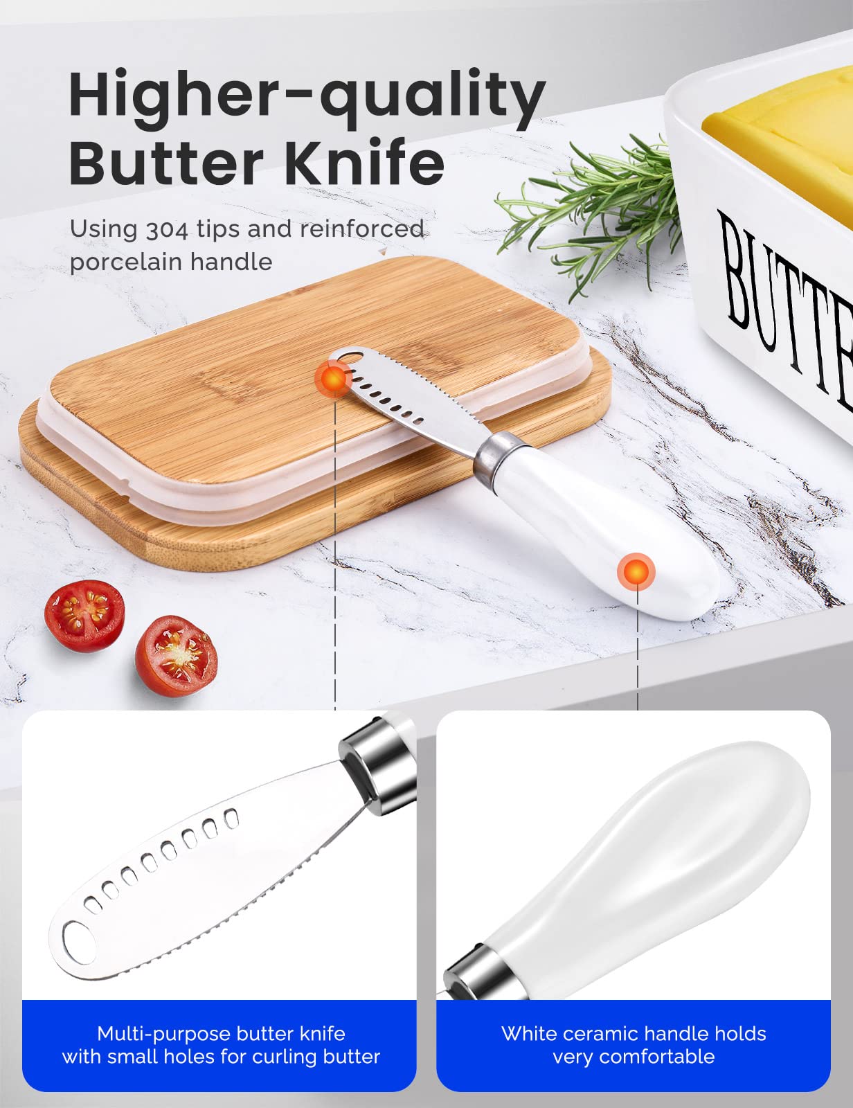 AISBUGUR 2 Pack Stainless Steel Butter Spreader Knife with Holes Multifunction Butter Knife with White Porcelain Handle, Cheese Butter Spreader Knives for Kitchen