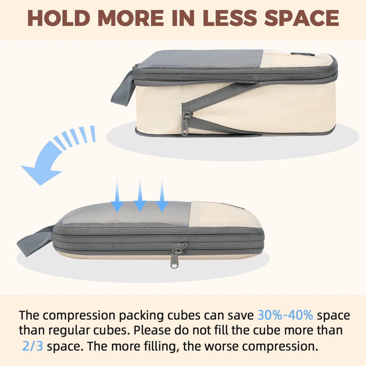 BAGAIL 6 Set Compression Packing Cubes for Travel, Compressible Packing Organizers Travel Accessories for Luggage Suitcase(6 Set, Beige)