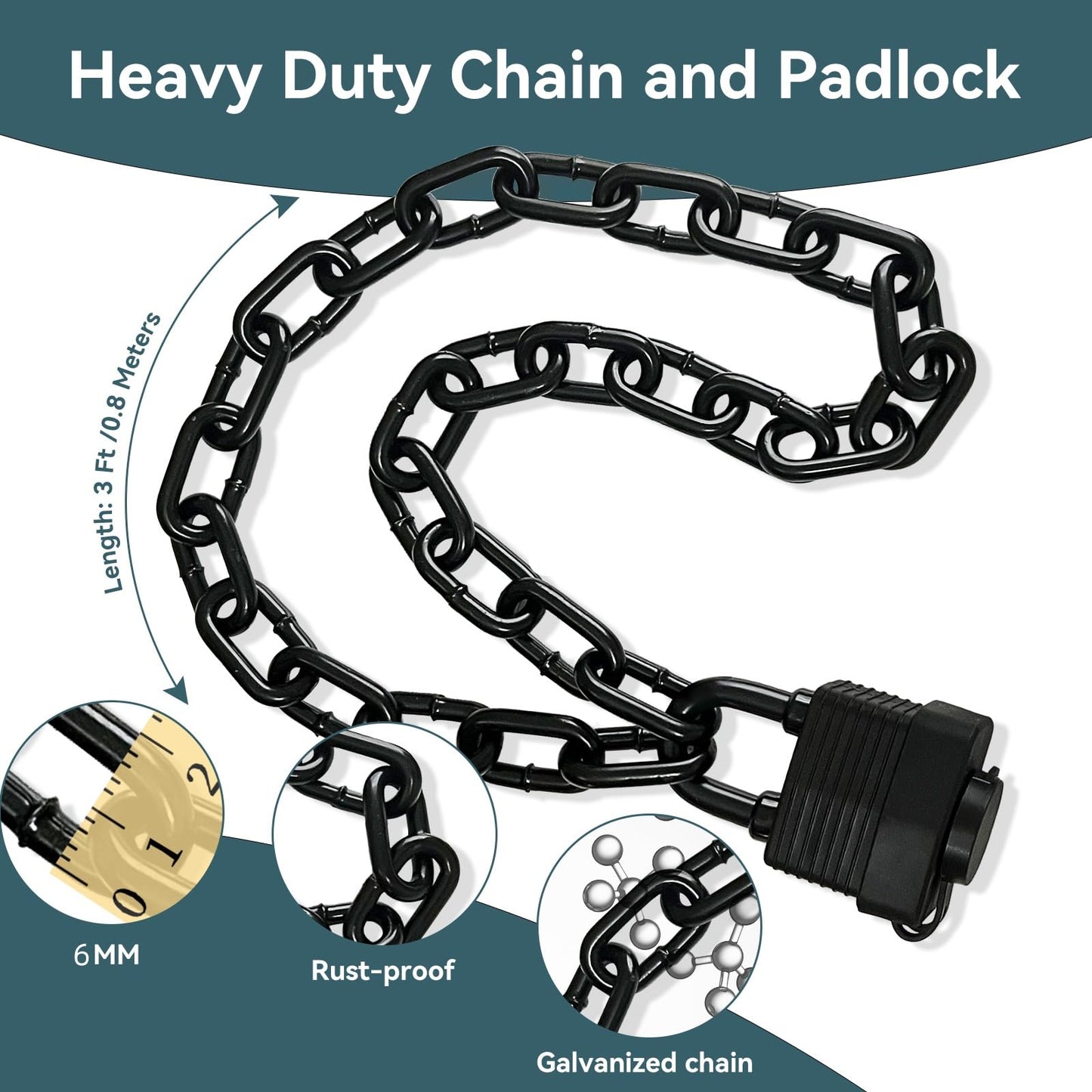 Heavy Duty Weather-Resistant Padlock with Chain, Anti-Theft Advanced Hardened Security Chain Lock for Fences, Backyard Gates, Motorcycles, Bicycles, Outdoor Furniture (Lock+Chain)