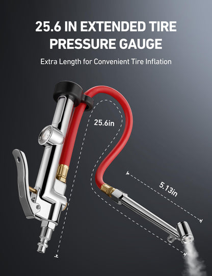 AstroAI 25.6'' Heavy-Duty Tire Pressure Gauge with Inflator, Dual Head Chuck ANSI B40.1 Accurate Tire Inflator with Pressure Gauge, 10-120PSI, Compatible with 1/4" NPT Air Compressor