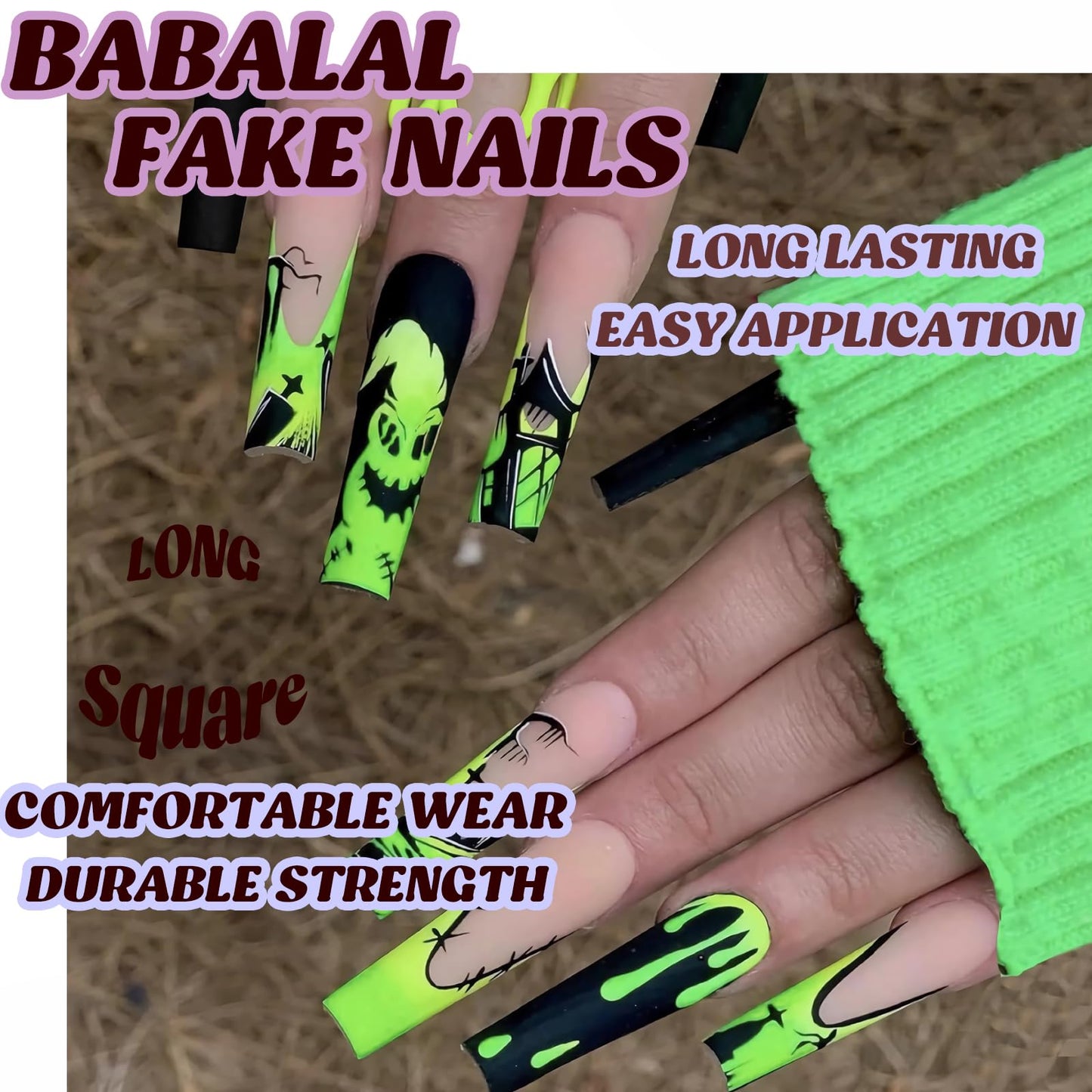 BABALAL Halloween Press on Nails Long Coffin Fake Nail Black Glue ons Green French Tip Ghost Design Acrylic False Nails Ballerina 24Pcs Manicure Full Cover Artificial