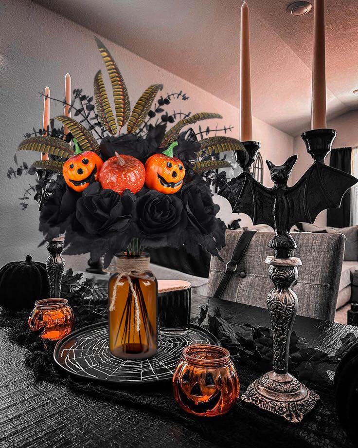 Bessol Halloween Artificial Flowers Decorations,Fake Black Roses Eucalyptus Pumpkins with Vase Arrangements Halloween Table Centerpiece for Kitchen Dining Living Room Home Indoor Decor