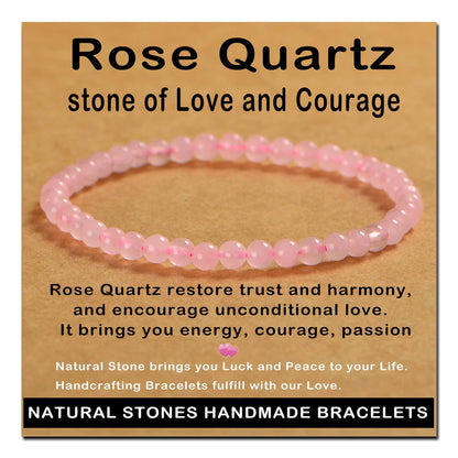AD Beads Handmade Gemstone Stretch Elastic Bracelet Crystal Healing Reiki Nature's Beauty and Spiritual Essence Unisex (4mm, Rose Quartz)