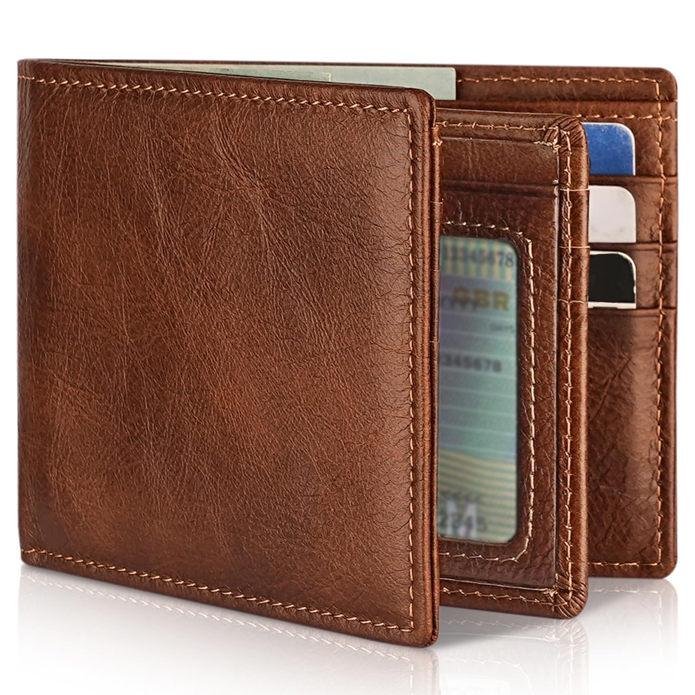 Artpaxy Mens Wallet Genuine Leather Bifold RFID Blocking Wallet for Men with 1 ID Window 13 Card Holders 2 cash pockets 1 Gift Box
