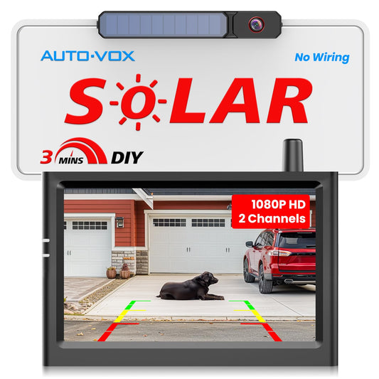 AUTO-VOX Solar Wireless Backup Camera:5" HD 1080P Monitor,3 Mins DIY Installation & 5000 mAh Battery Powered Solar Back Up Camera Systems, IP69K Waterproof Reverse Camera for Car, Van, Truck, Trailer