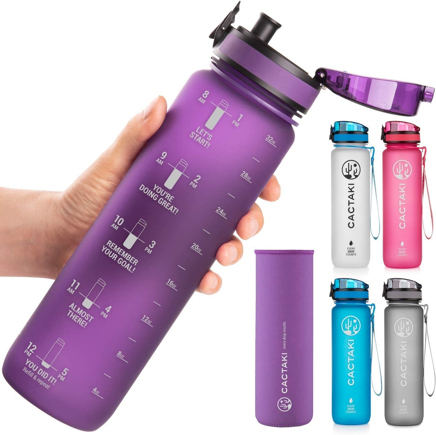 Cactaki 32 oz Water Drinking Bottle with Time Marker - Stay Hydrated - Hydration Tracker & Reminder to Drink With Hourly Measurement Markings - Leak Spill Proof & BPA Free