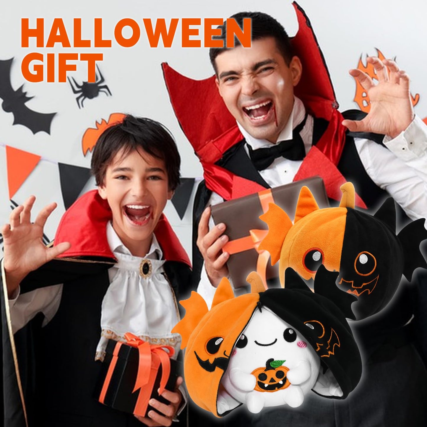 CAIYUEGG Halloween Stuffed Animal Reversible Bat Ghost Plush, Transformed Pumpkin Plush Zipper, Bat Ghost Stuffed Animal Cute Plushie Birthday Gift for Boys Girls Kids