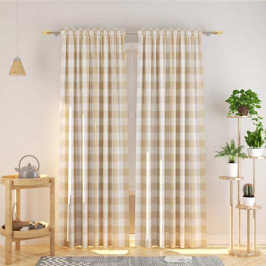 Buffalo Check Curtains 52 inch wide x 108 inch Long Farmhouse Living Room Divider Bedroom Gingham Plaid Window Curtain Sliding Glass Door Drapes 2 Panels Rod Pocket Window Treatment Set Beige & White