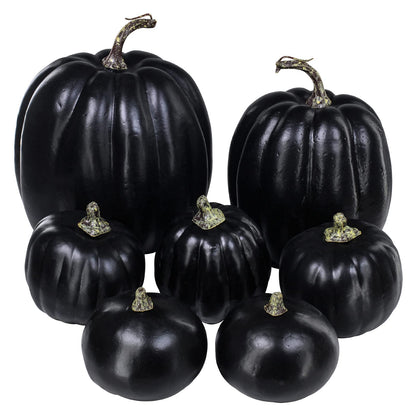 Winlyn 7 Pcs Assorted Artificial Black Pumpkins Halloween Faux Rustic Decorative Foam Pumpkins for Fall Halloween Thanksgiving Tabletop Centerpiece Mantel Kitchen Decor