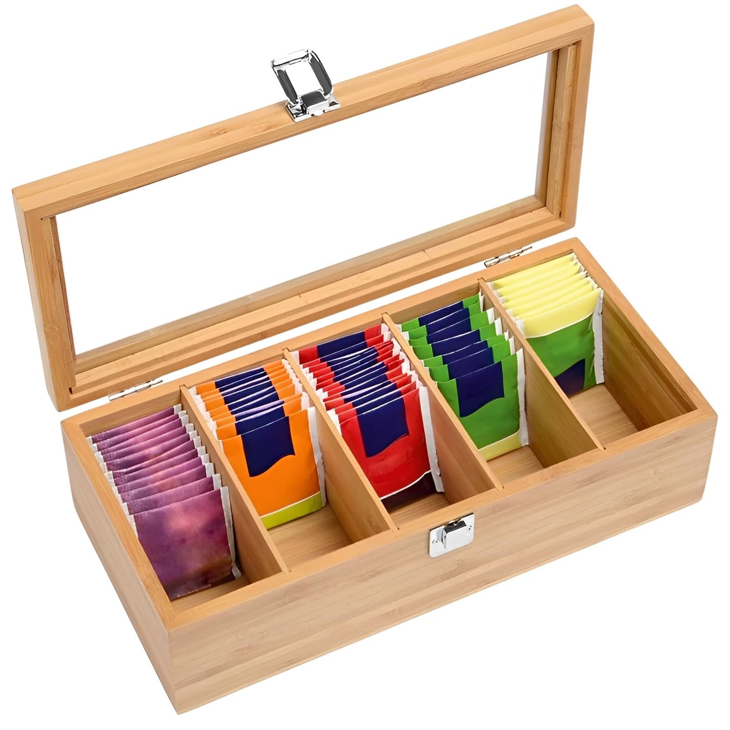 Bamboo Tea Bag Organizer Storage Box, 5 Compartments Bamboo Tea Box, Teabag Box Organizer with Clear Lid, Teabox Station Display, Portable Tea Bag Holder for Home Office Spices