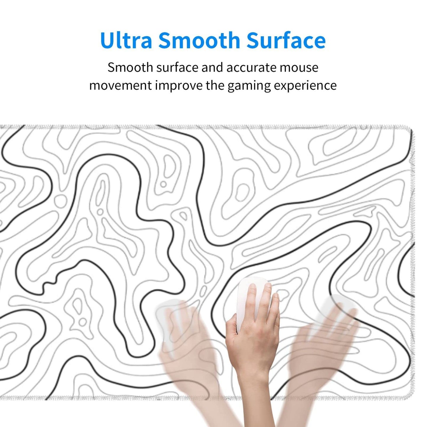 Abstract Topographic Map White Grey Black Gaming Mouse Pad Long Mouse Pad Large Desk Mat 31.5 X 11.8 Inch Mousepad with Non-Slip Base Stitched Edge Keyboard Mat for Gaming Office