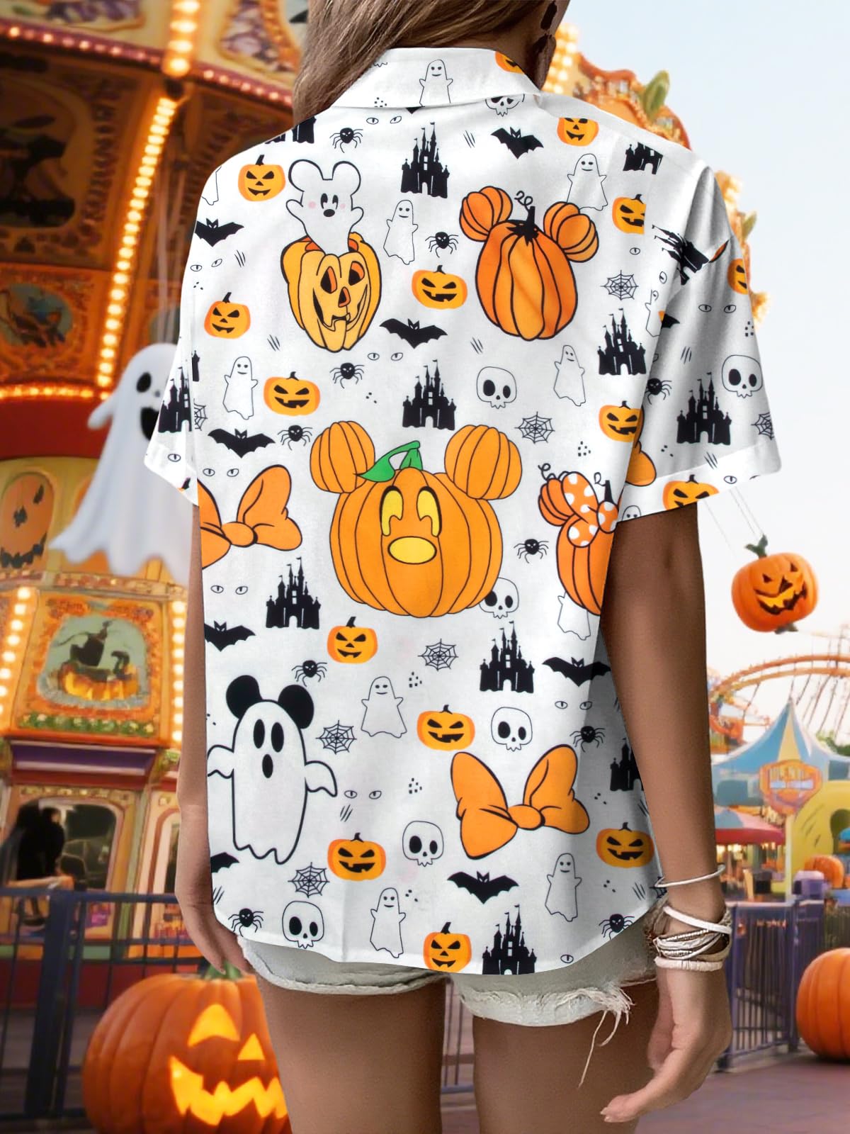 Womens Halloween Hawaiian Shirt Cute Pumpkin Spooky Castle Graphic Tee Magical Halloween Short Sleeve Button Up Tops