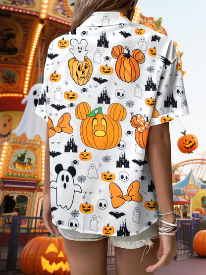 Womens Halloween Hawaiian Shirt Cute Pumpkin Spooky Castle Graphic Tee Magical Halloween Short Sleeve Button Up Tops