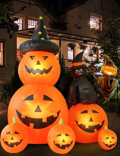 HOPOCO 6 FT Halloween Inflatable Decorations Spooky Ghost Pumpkin Lighted and Witch's Cat, Halloween Decorations Outdoor Inflatables Pumpkin Combo with Build-in LED Blow Up Inflatables for Yard Garden