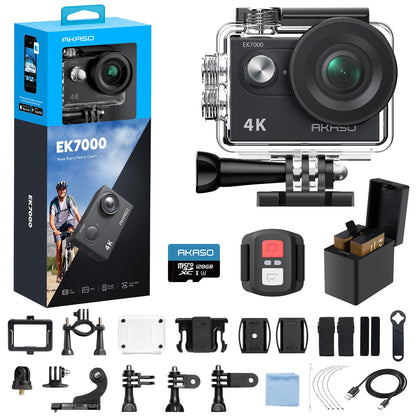 AKASO EK7000 4K30fps Action Camera with 128GB MicroSDXC U3 Memory Card Accessories Kit Bundle Ultra HD 131FT Waterproof Camera EIS WiFi Remote Control 4X Zoom Underwater Camera