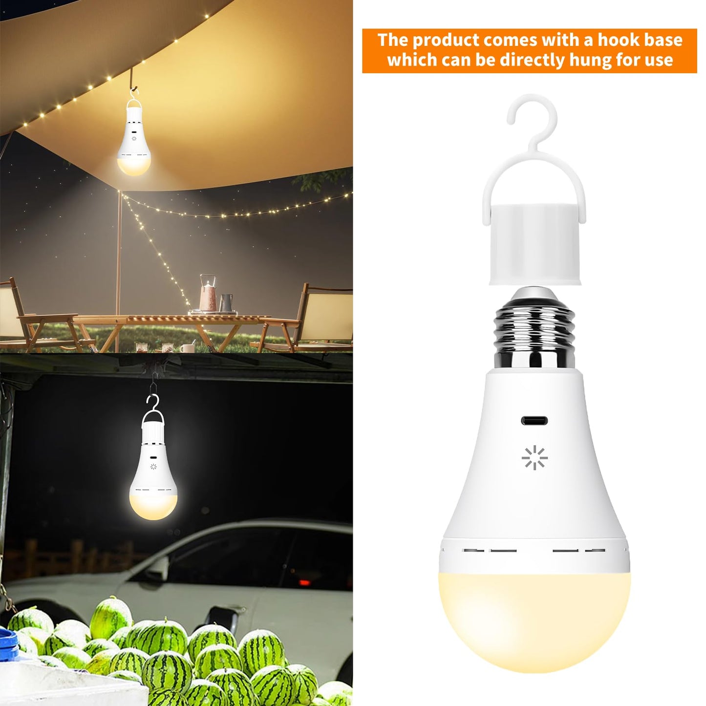 BOBOPAI USB Rechargeable Light Bulb with Remote Control, 2600mAh Battery Powered Light Bulbs E26 Touch Control Dimmable LED Bulb with Timer, Outdoor Emergency Bulb with Hook,3000K/2 Pack