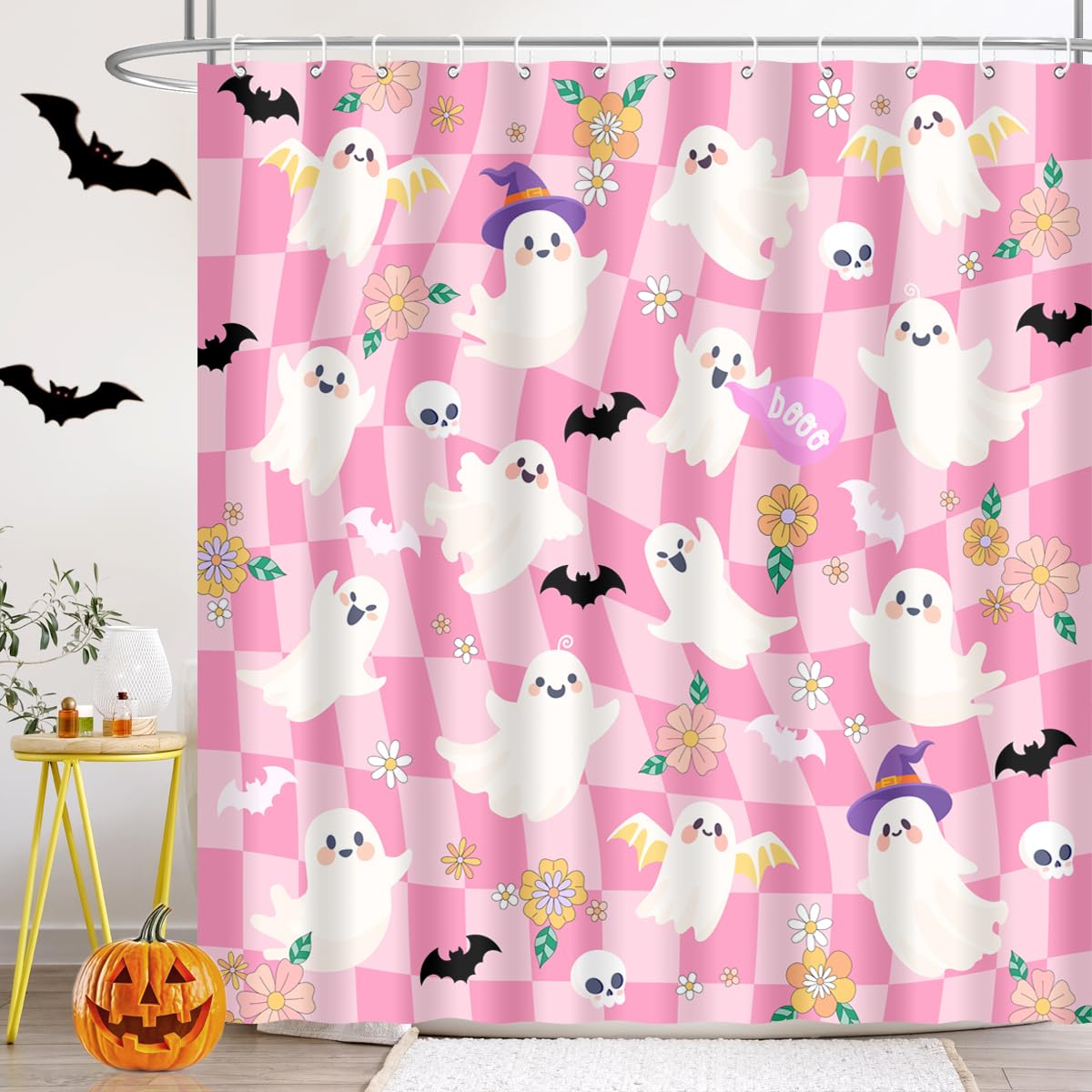 BIYSUC Halloween Ghost Shower Curtain Spooky Cute Funny Pink Checkered Retro Flower Skull Bat Trick or Treat Home Bathroom Decor Waterproof Polyester Fabric 72Lx72W Inch with Plastic Hooks