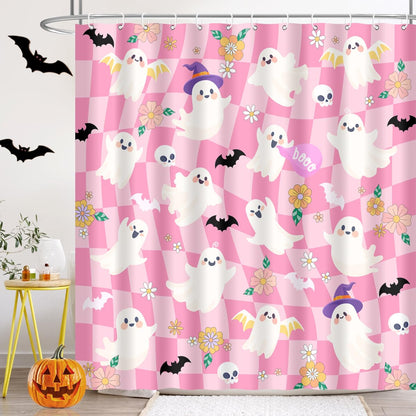 BIYSUC Halloween Ghost Shower Curtain Spooky Cute Funny Pink Checkered Retro Flower Skull Bat Trick or Treat Home Bathroom Decor Waterproof Polyester Fabric 72Lx72W Inch with Plastic Hooks