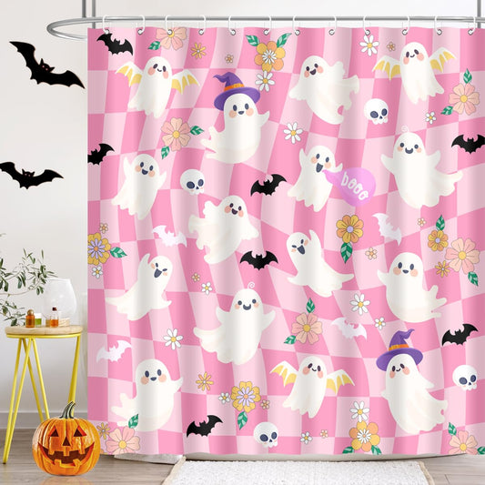 BIYSUC Halloween Ghost Shower Curtain Spooky Cute Funny Pink Checkered Retro Flower Skull Bat Trick or Treat Home Bathroom Decor Waterproof Polyester Fabric 72Lx72W Inch with Plastic Hooks