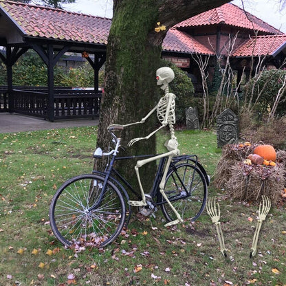 WODMAZ 5.4Ft Halloween Skeleton, Full Size Posable Skeleton with Glowing Eyes Creepy Sound, Full Body Life Size Skeleton and 2 Arm Stakes for Halloween Indoor Outdoor Haunted House Decorations