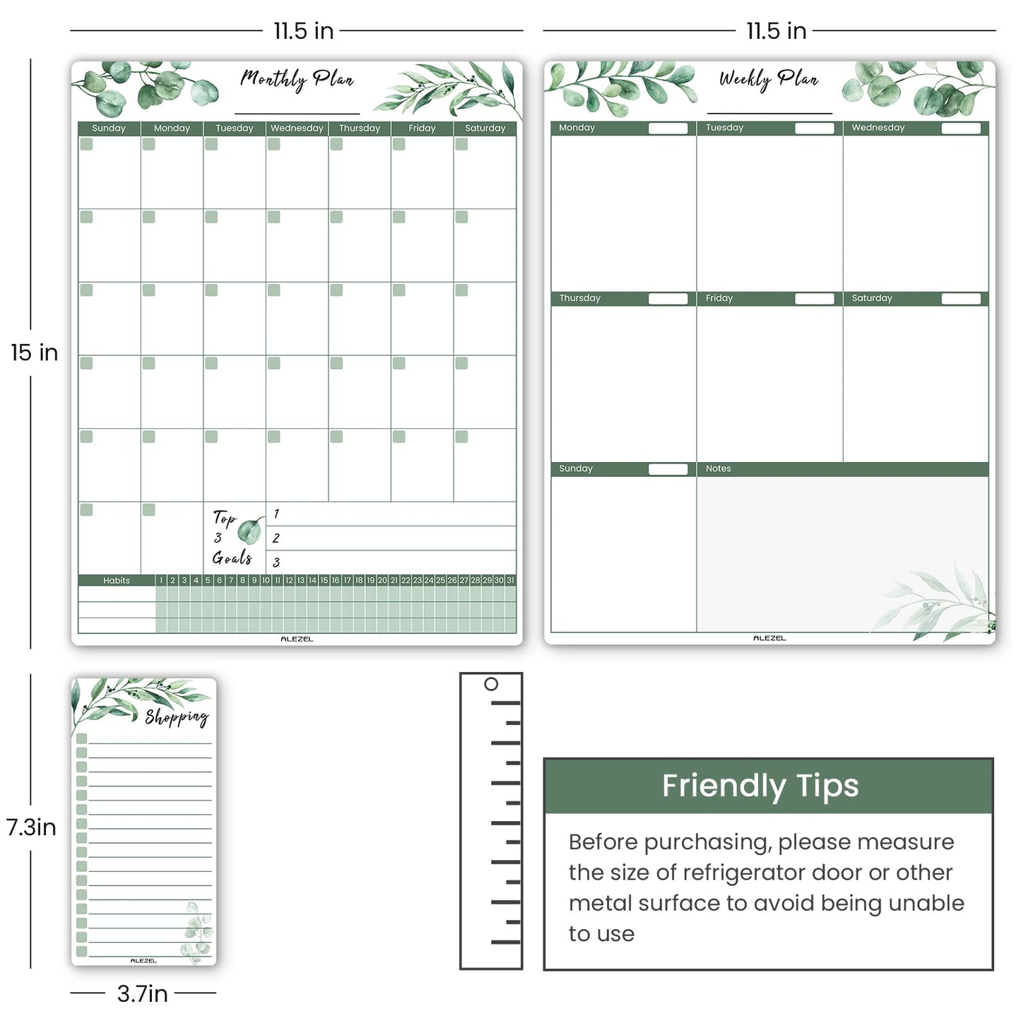 ALEZEL Magnetic Calendar for Refrigerator, Greenery Dry Erase Fridge Calendar Set (3 Boards) - Monthly & Weekly Planner Whiteboard, Shopping List White Board, 3 Markers + Eraser