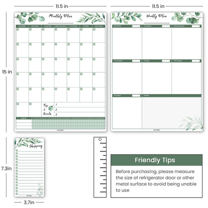 ALEZEL Magnetic Calendar for Refrigerator, Greenery Dry Erase Fridge Calendar Set (3 Boards) - Monthly & Weekly Planner Whiteboard, Shopping List White Board, 3 Markers + Eraser