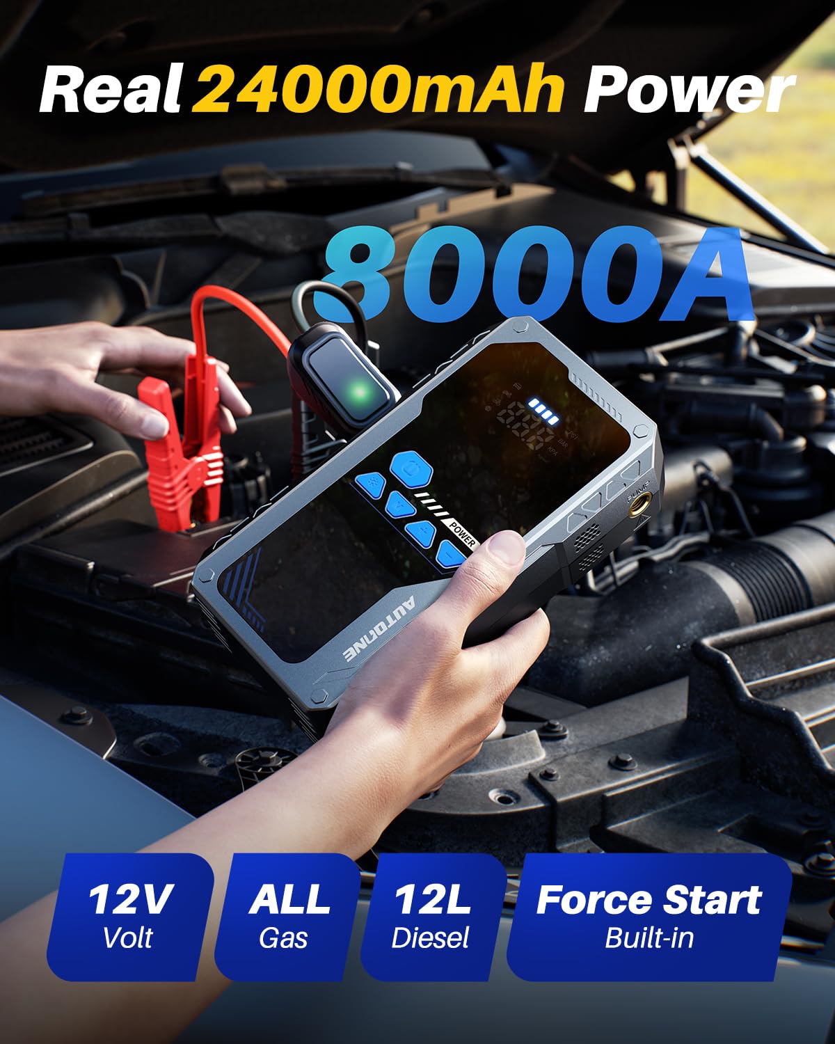 AUTOONE 8000A Jump Starter with Air Compressor (All Gas/12L Diesel), 150PSI Car Jumper Starter Portable, Jump Box Tire Inflator with LED Flashlight, LCD Display, Storage Case