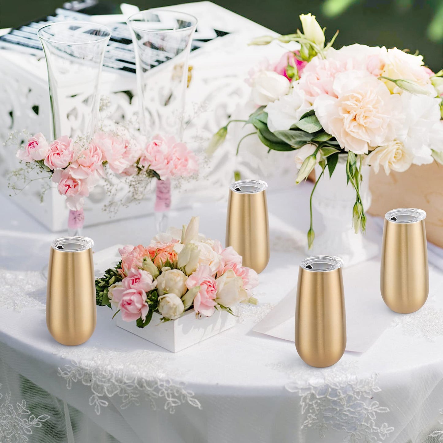 8 Pack Insulated Champagne Tumblers, Stemless Champagne Tumbler 6 Oz, Champagne Flutes Wine Tumbler, Unbreakable Cocktail Cups with Lid, Gift for Family Friends Christmas Birthday Wedding (Gold)