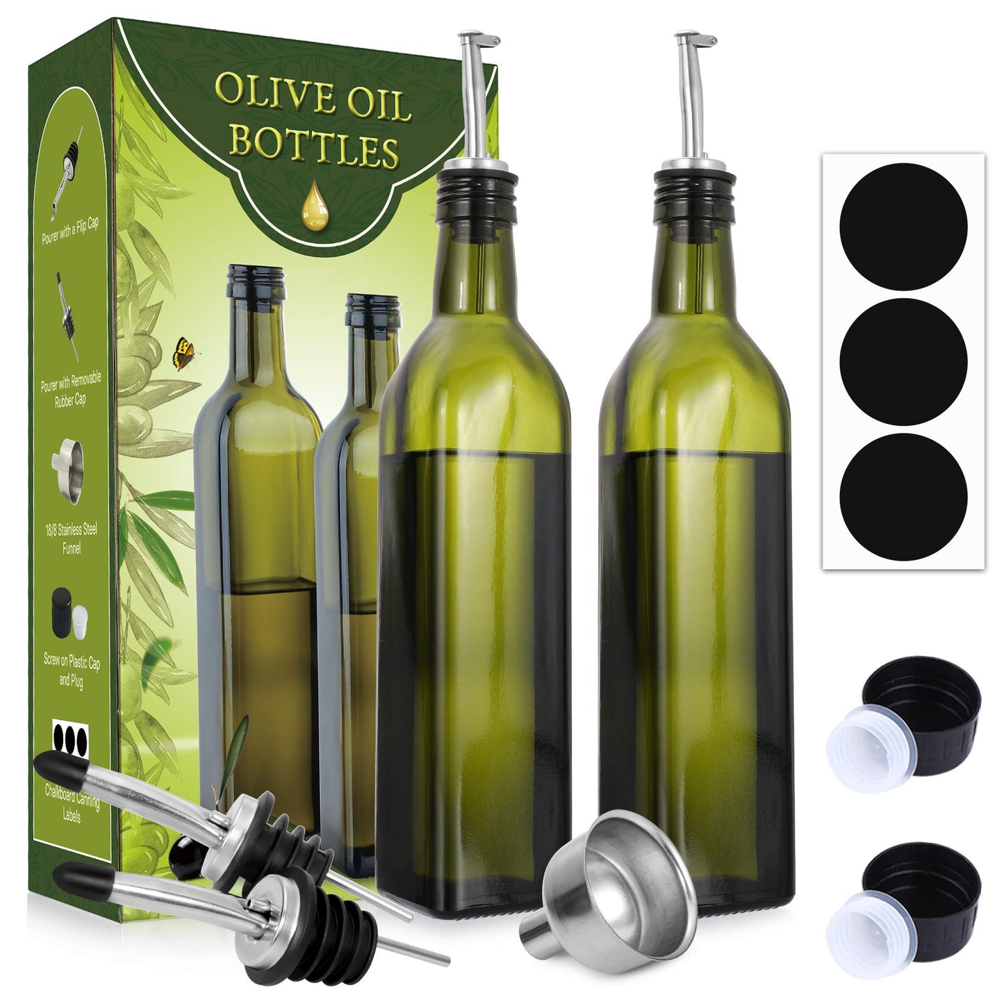 AOZITA Glass Olive Oil Dispenser Bottle Set - 500ml Dark Green Oil & Vinegar Cruet Bottle with Pourers, Funnel and Labels - Olive Oil Carafe Decanter for Kitchen, 17 Oz (Pack of 2)