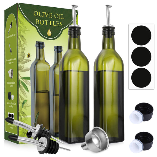 AOZITA Glass Olive Oil Dispenser Bottle Set - 500ml Dark Green Oil & Vinegar Cruet Bottle with Pourers, Funnel and Labels - Olive Oil Carafe Decanter for Kitchen, 17 Oz (Pack of 2)