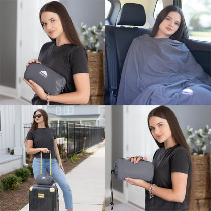 BlueHills Ultra Compact Travel Blanket Pillow in Portable Bag Case Soft 70 X 56 with Strap Backpack Clip Premium Cozy Soft Compact Pack Large Blanket for Airplane Flight Layover Grey - Gray C002