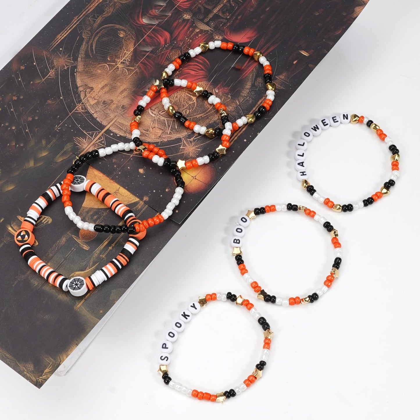 Ardorchid Halloween Bracelets for Women Spooky Boo Beaded Stackable Letter Bracelet Boho Clay Heishi Bracelets Halloween Party Jewelry
