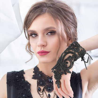 Women's Short Lace Embroidered Gloves Lace Fingerless Gloves Tea Party Gloves for Opera Prom Masquerade Evening Halloween Dress Accessories